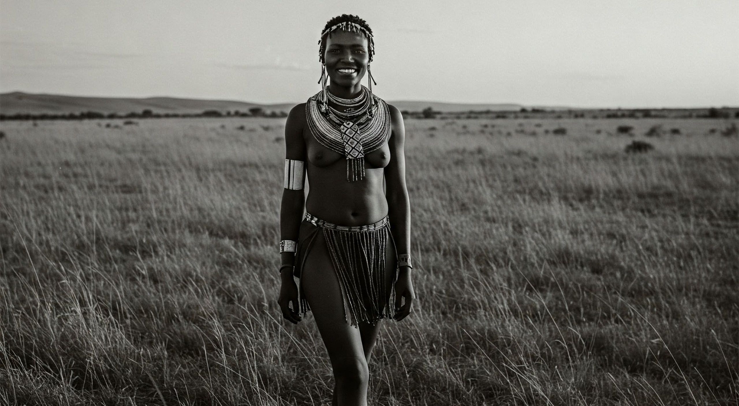 Mulher khoisan sorridente em campo com grama falando sobre sua experiência com alongamento labial.