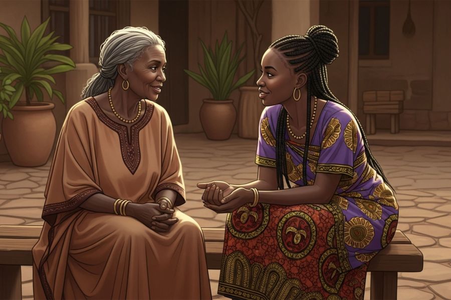 Mujeres africanas mayores y más jóvenes sentadas juntas y hablando, simbolizando la transmisión de las tradiciones de elongación de labios.