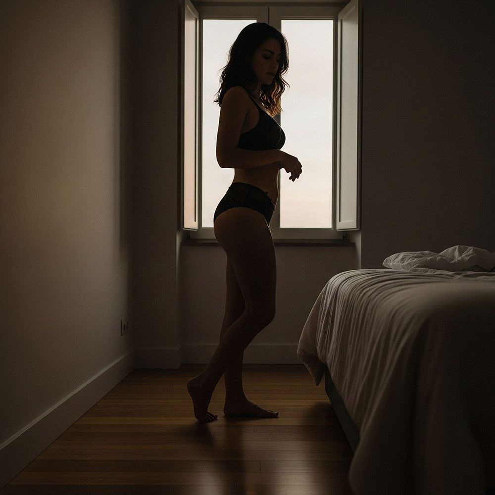 A imagem mostra a silhueta de uma mulher portuguesa a usar lingerie no quarto
