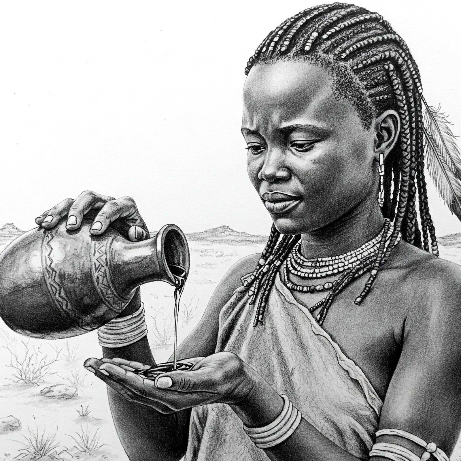 Um desenho de uma mulher Khoisan despejando um líquido na mão, provavelmente por razões de higiene, como parte de seu ritual de alongamento dos lábios para manter a limpeza.
