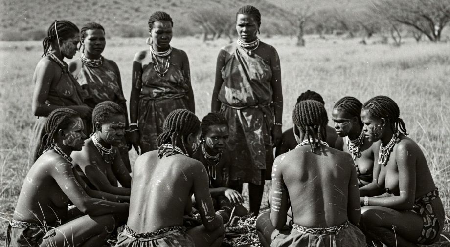 Khoisan-Frauen versammeln sich friedlich in einem ruhigen Feld, bereit für eine traditionelle Zeremonie.