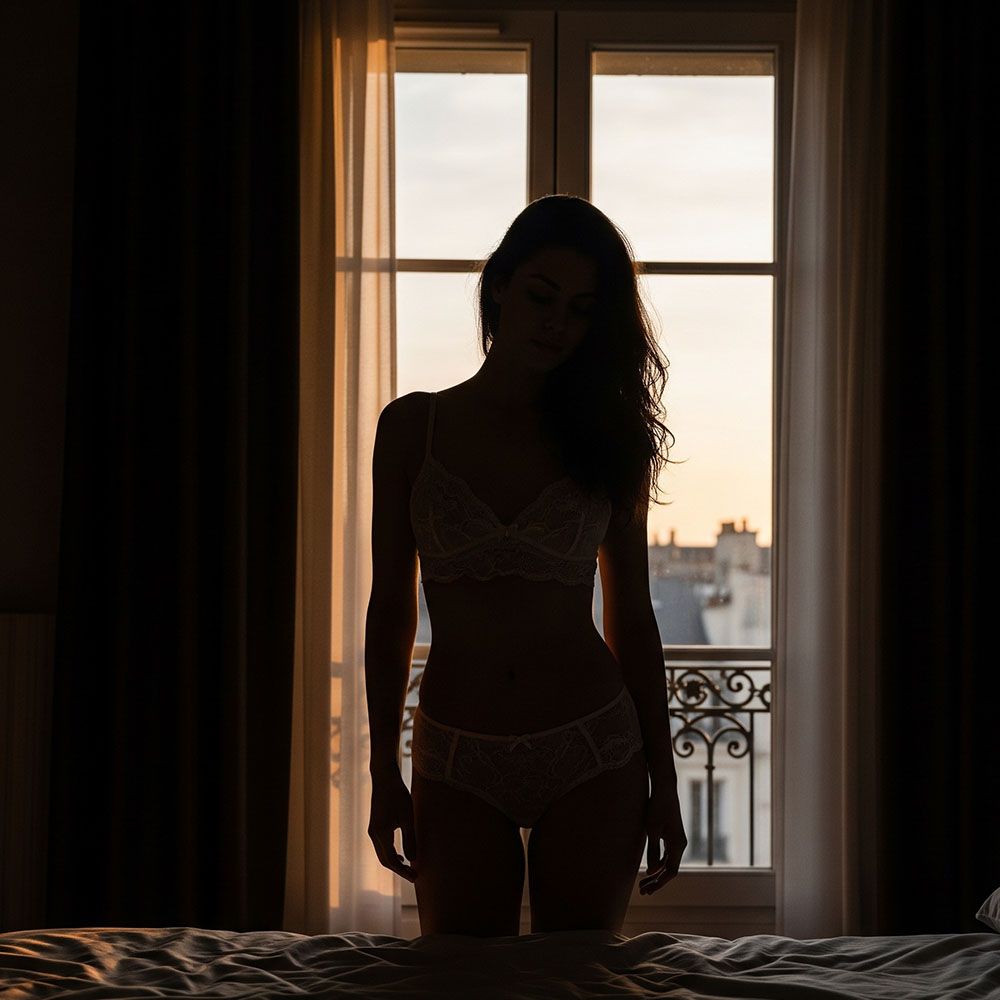 L'image montre la silhouette d'une Française en lingerie dans sa chambre.