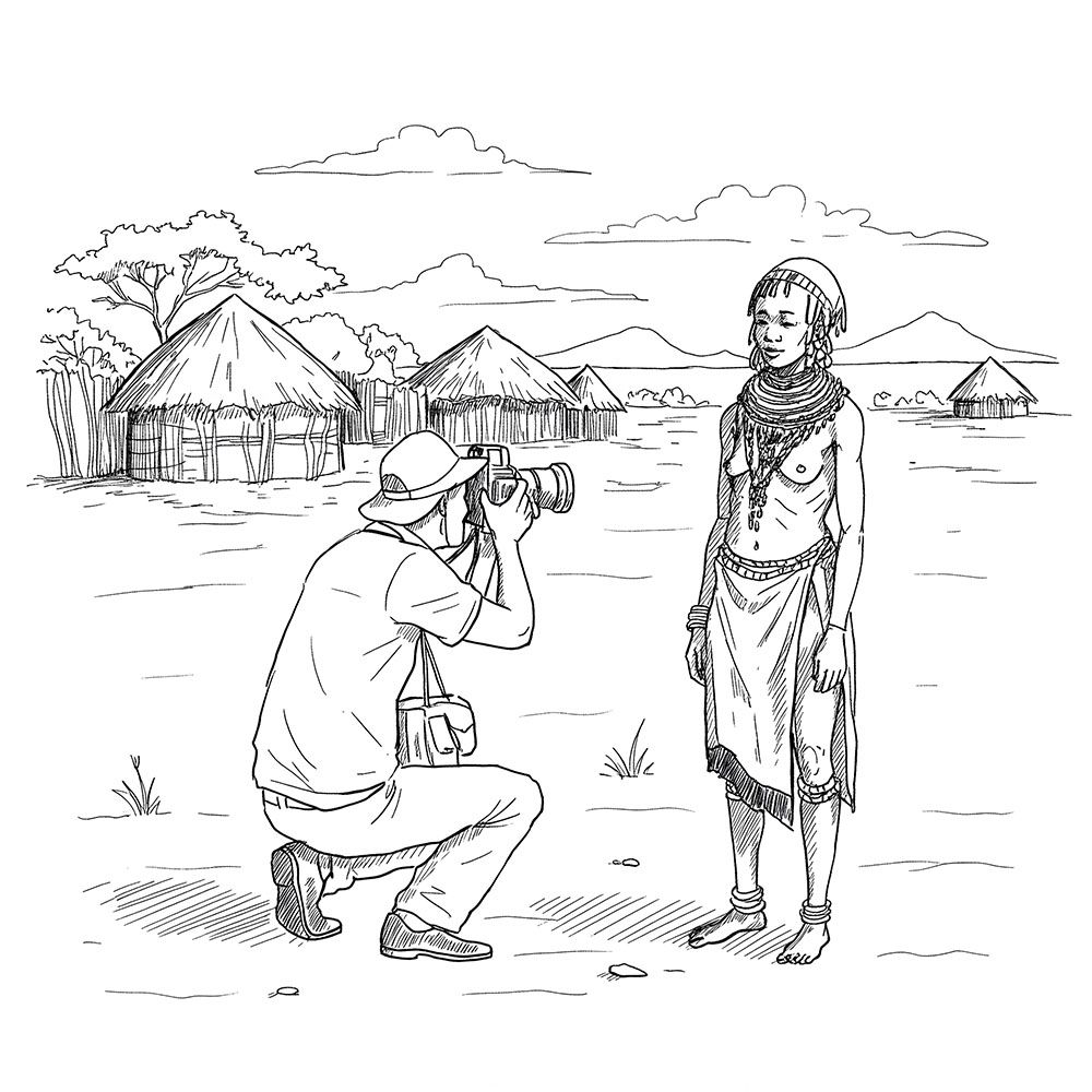 Illustration of a man photographing a Khoisan woman posing in front of her village