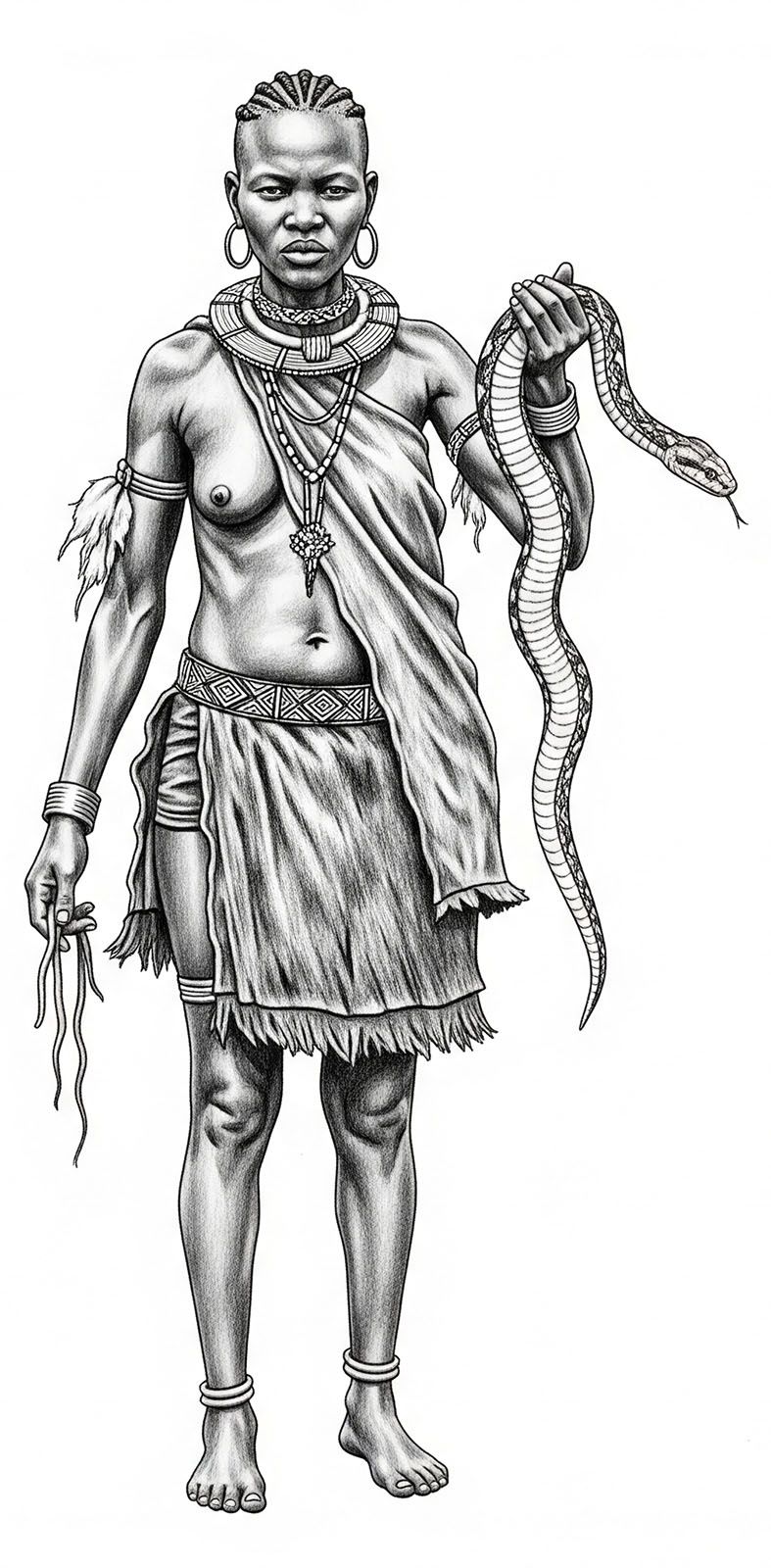 Um desenho a grafite em preto e branco retratando uma mulher Khoisan em trajes tradicionais, com o seio exposto, segurando uma cobra com o braço esquerdo, destinada a ser usada como alimento.