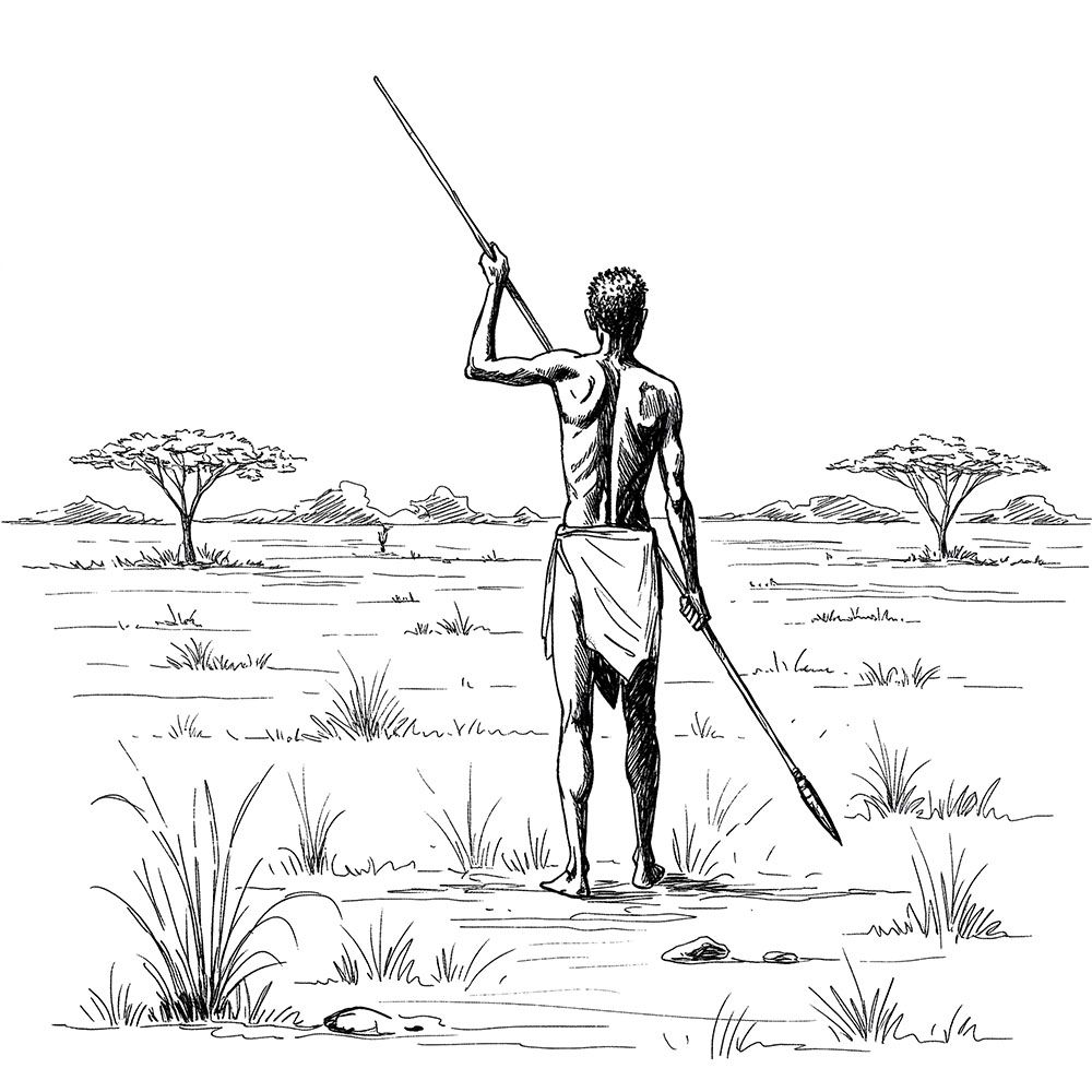 Illustration of a Khoisan man with a lance, waiting in the wild to hunt