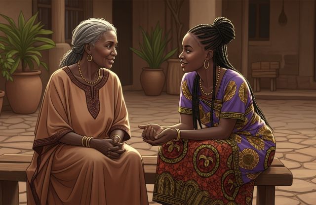 Femmes africaines plus âgées et plus jeunes assises ensemble et discutant, symbolisant la transmission des traditions d'allongement des lèvres.