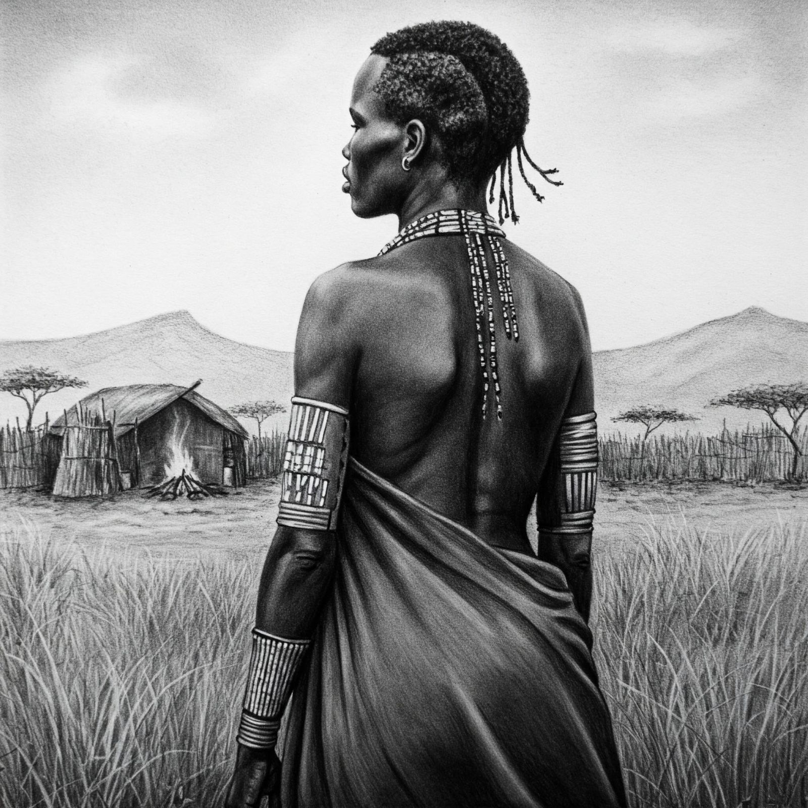 ’n Swart-en-wit grafiettekening van ’n trots Khoisan vrou wat regop staan en na haar hut kyk met ’n brandende vuur, wat haar trots op haar erfenis en labia-rek praktyk simboliseer.