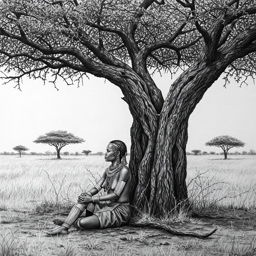 Young Khoisan woman sitting at the base of a sacred tree, hands over one knee, looking ahead.