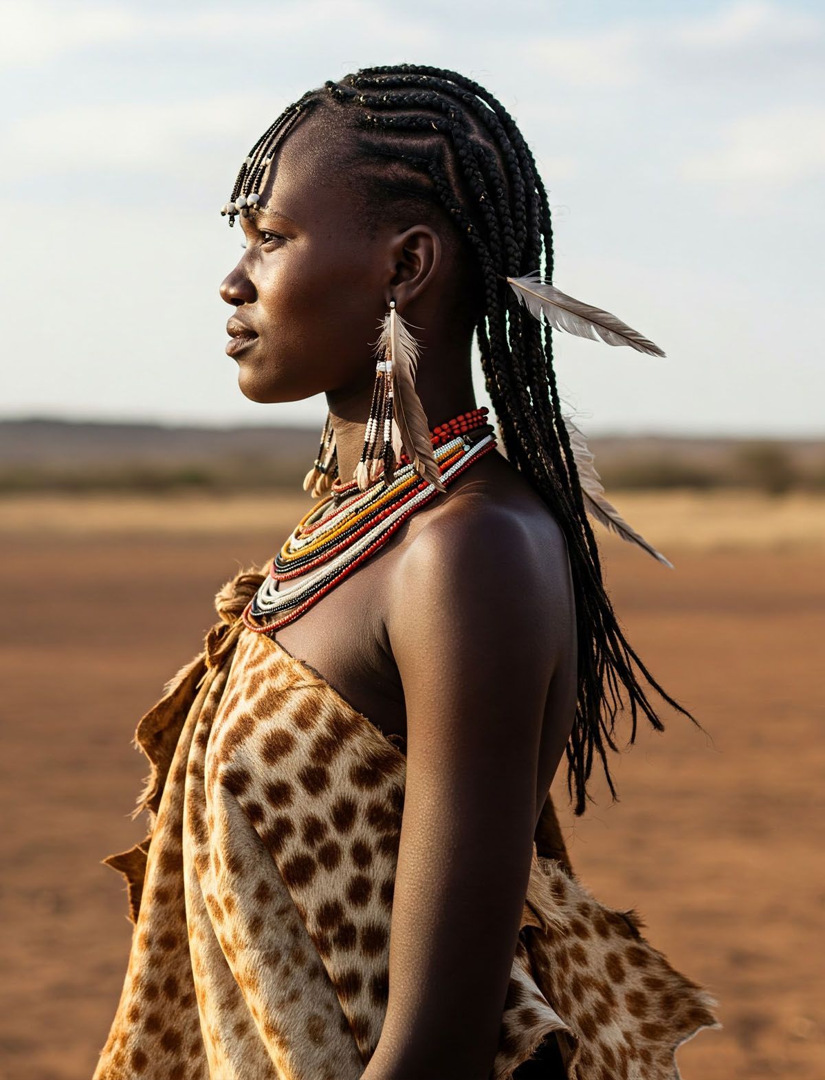 Photograph of a beautiful Khoisan woman in traditional attire standing thoughtfully in an open field