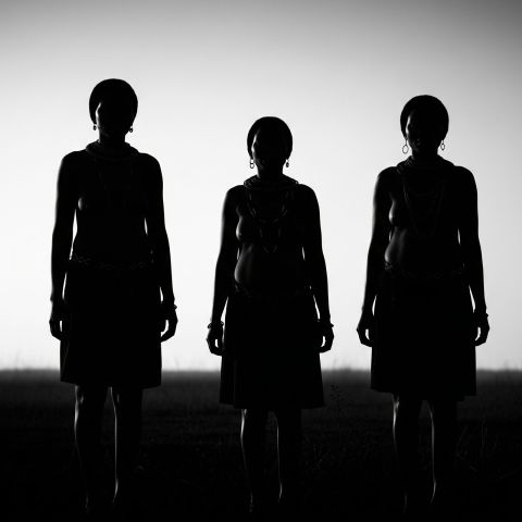 Black-and-white silhouette of Khoisan women standing with the sun behind them.