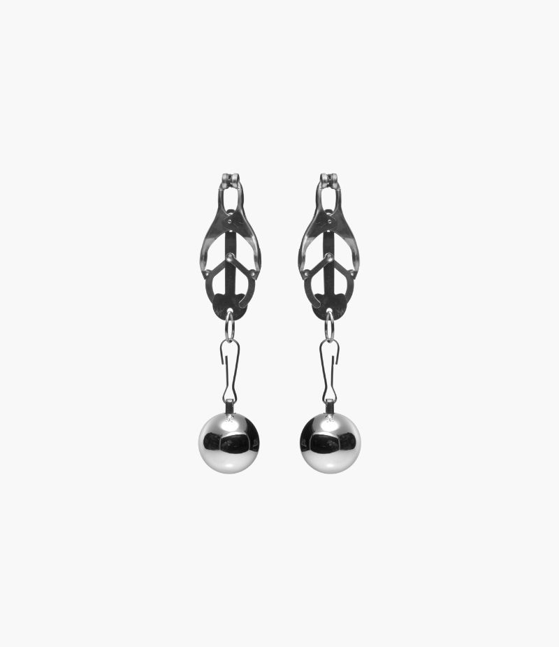 Labia stretching gear featuring two weights hanging from clamps